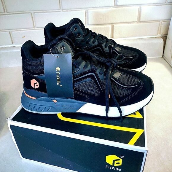 FIT VILLE MENS BLACK, WHITE AND GRAY ATHLETIC SHOES MEN'S S 8.5  WOMEN'S S 10 - Picture 1 of 8